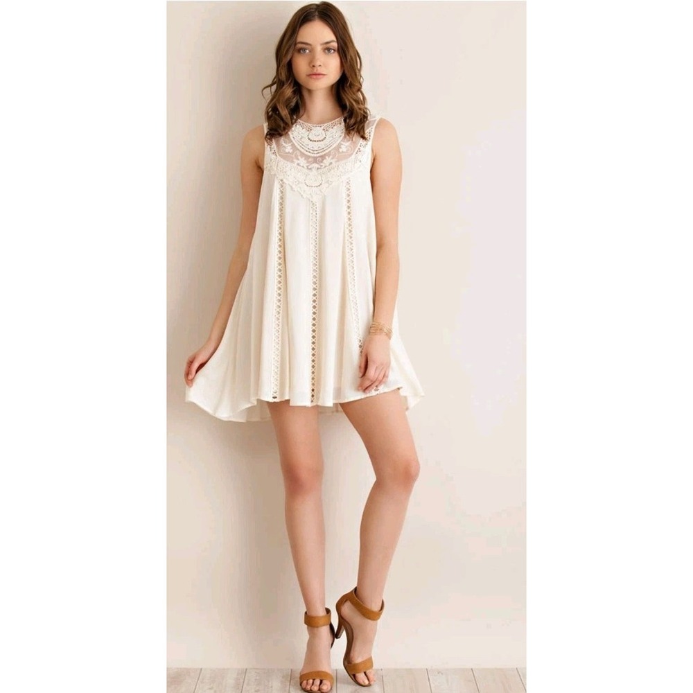 Entro Crochet Lace Swing Dress Ivory Off White Anthropologie Boho Mini Medium